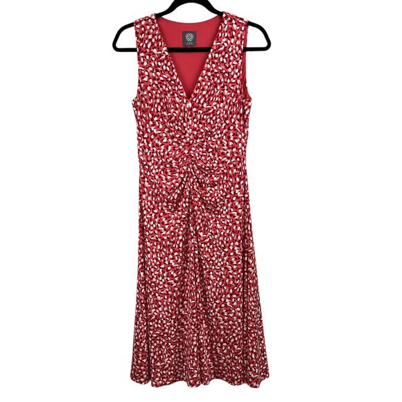 Vince Camuto Red Multi Printed Ruched Front Sleeveless V-Neck Midi Dress 6 NWOT - Picture 1 of 13
